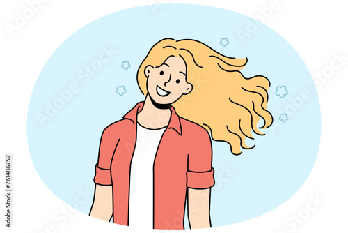 Smiling woman with curly hair have fun walking and enjoying day. Happy girl feel overjoyed relaxing on street in summer. Vector illustration.
