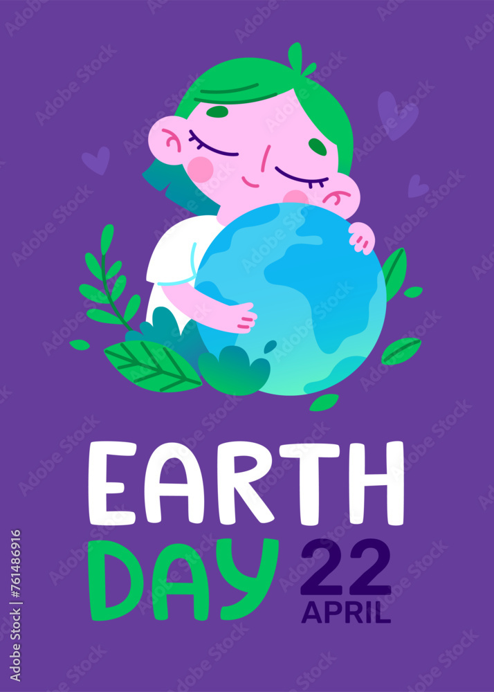 Earth day banner with girl hugging planet. Stylized colorful poster with world globe in child hands.