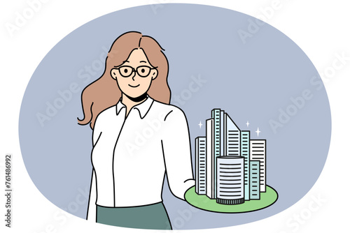 Smiling businesswoman hold building model on hand work in real estate. Happy confident broker or agent recommend property loan or mortgage. Realty and rent. Vector illustration.