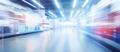 A subway station with electric blue lights creating a symmetrical pattern. The blurry image shows reflections and a display device on the parallel road, resembling a science fiction font © 2rogan