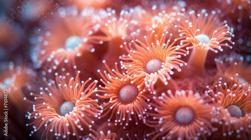 Macro shot of coral polyps, foundational builders of marine ecosystems, facing threats from ocean warming and acidification
