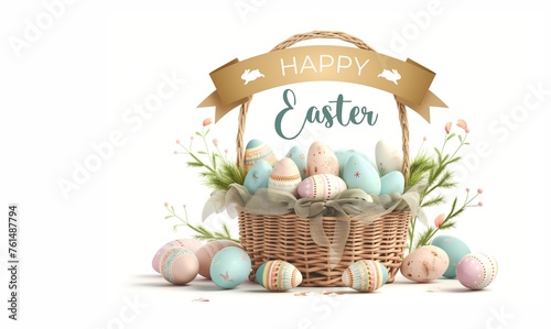 Happy Easter banner. Illustration of Easter bunny, beautiful painted eggs and chicks in wicker basket on pink background.