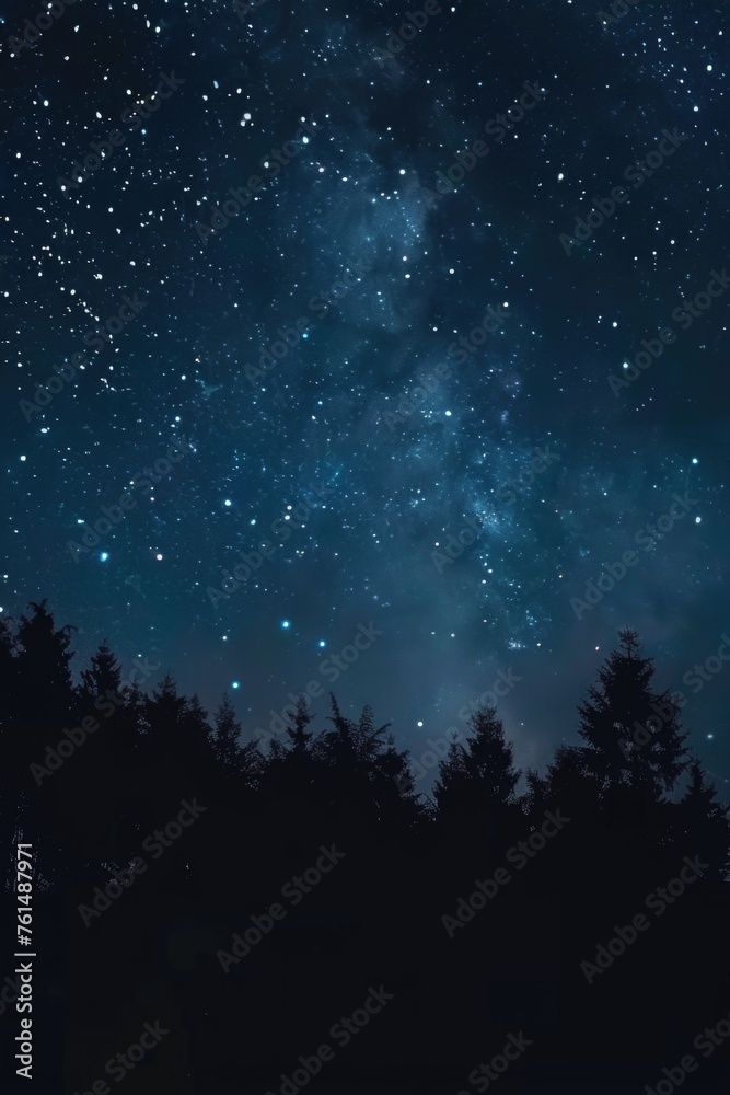 A peaceful night sky with stars shining above a forest. Ideal for nature and night sky themes