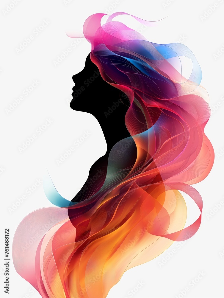 Silhouette of a woman with colorful flowing hair, Abstract female silhouette with colorful flowing shapes and lines, on a white background, AI generated