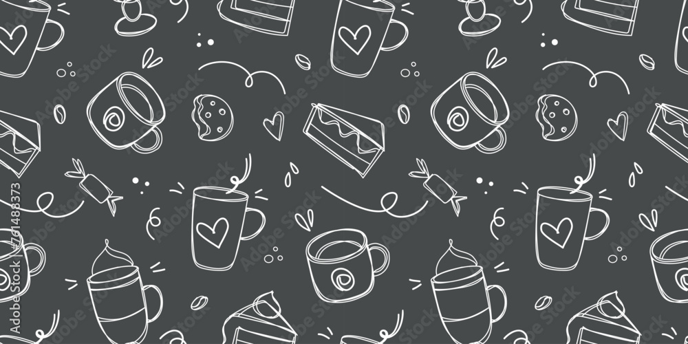 Doodle coffee and desserts seamless pattern. Coffee drawn with chalk on a black board. Sketch of different cups of coffee doodle vector illustration. Background for cafe shop, card, banner etc.