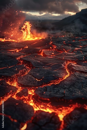 Close up of a lava field with a mountain in the background. Suitable for geological and natural disaster concepts