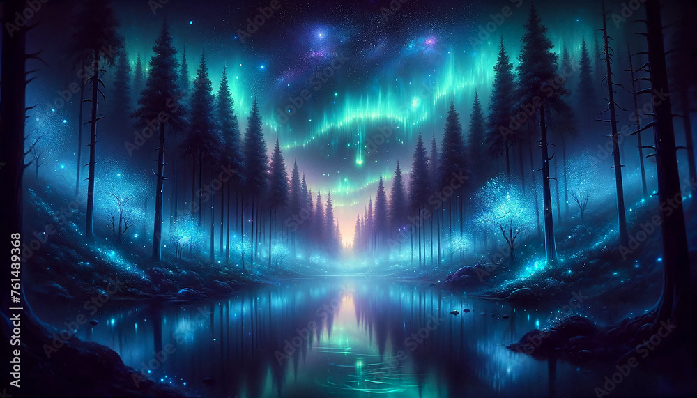 幻想的な森林と湖、夜空にはオーロラが輝く風景