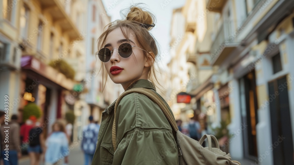 Fashionable Urban Style: A trendy young woman in her mid-20s, walking confidently through a bustling city street, wearing stylish streetwear and accessorizing with sunglasses and a backpack Fashionable Urban Style: A trendy young woman in her mid-20s, walking confidently through a bustling city street, wearing stylish streetwear and accessorizing with sunglasses and a backpack