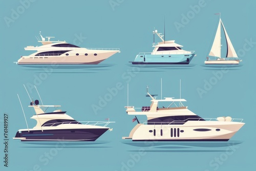 Four different types of boats on a blue background. Ideal for travel and vacation concepts photo