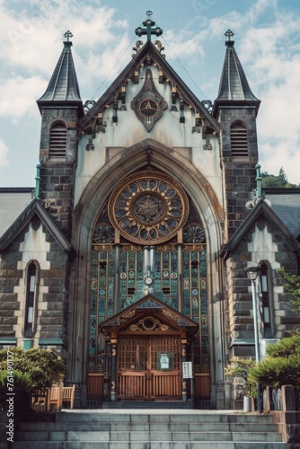 A church with a clock on the front, suitable for religious and architectural concepts © Fotograf