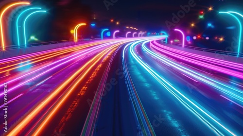 A long exposure photo capturing the lights of vehicles on a highway at night. Ideal for transportation concepts