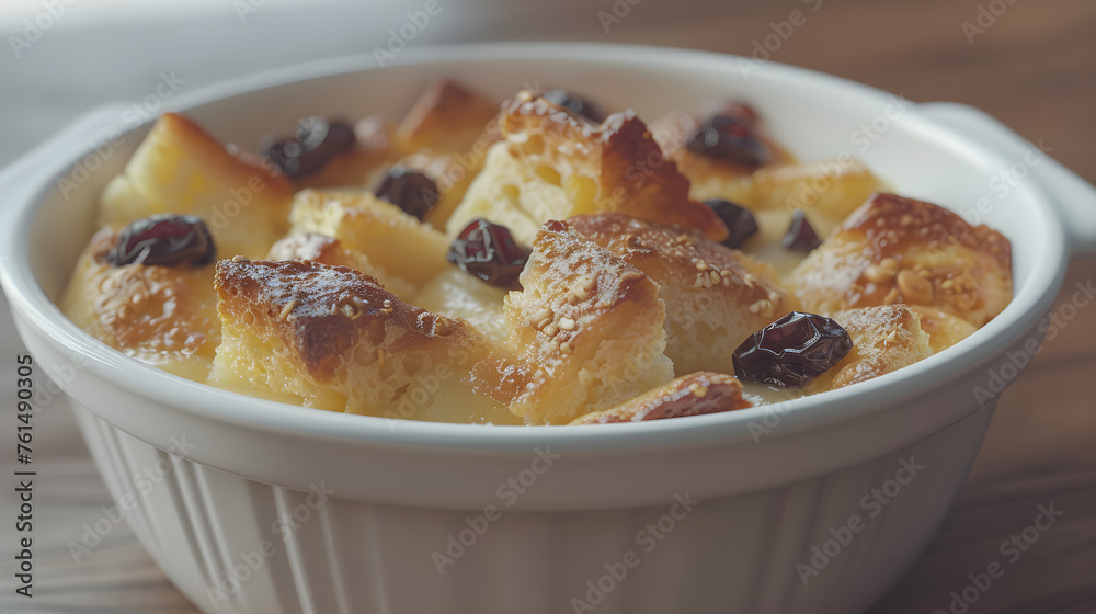 Freshly baked bread and butter pudding in ceramic dish Freshly baked bread and butter pudding in ceramic dish