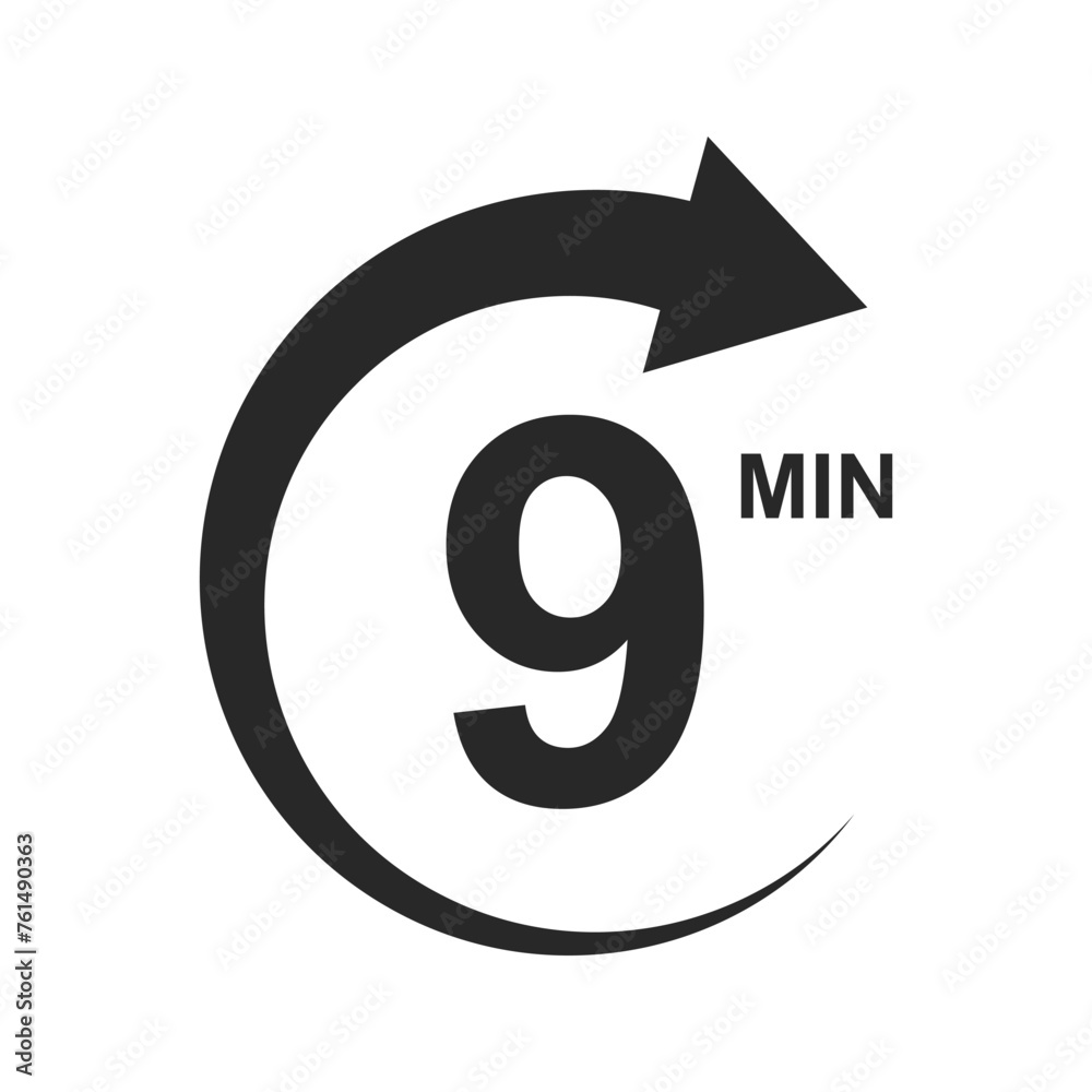 9 min countdown sign. Nine minutes icon with circle arrow. Stopwatch symbol. Sport or cooking timer isolated on white background. Delivery, deadline or duration pictogram. Vector graphic illustration. 9 min countdown sign. Nine minutes icon with circle arrow. Stopwatch symbol. Sport or cooking timer isolated on white background. Delivery, deadline or duration pictogram. Vector graphic illustration.