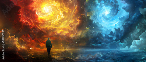 A surreal artwork of a man standing in the center, faced with contrasting fiery and icy universes, representing the concept of choice and duality