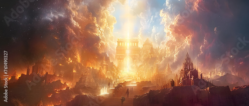 Imaginative depiction of ancient monumental architecture bathed in a celestial light from the sky, suggesting a moment of great significance or discovery