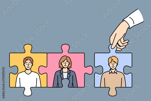 Team building from puzzle with business people in process of recruiting and hiring company personnel. Team building to improve relationships between different departments of corporation