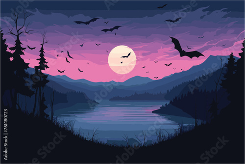 Sunset on the lake, Beautiful mountain chain landscape at sunrise, Beautiful mountain landscape at sunrise. Stunning foggy landscape