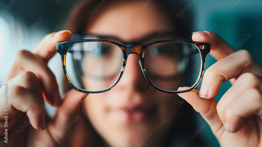 Uma pessoa está segurando óculos - obrazy, fototapety, plakaty 