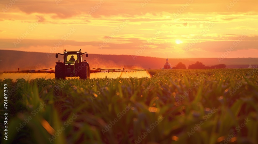 Fototapeta premium A tractor spraying a corn field at sunset. Suitable for agricultural concepts