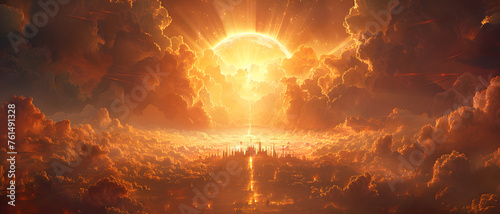 A fantastical depiction of a golden sunrise illuminating an ethereal city among clouds, evoking a sense of rebirth