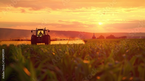 A tractor spraying a corn field at sunset. Suitable for agricultural concepts
