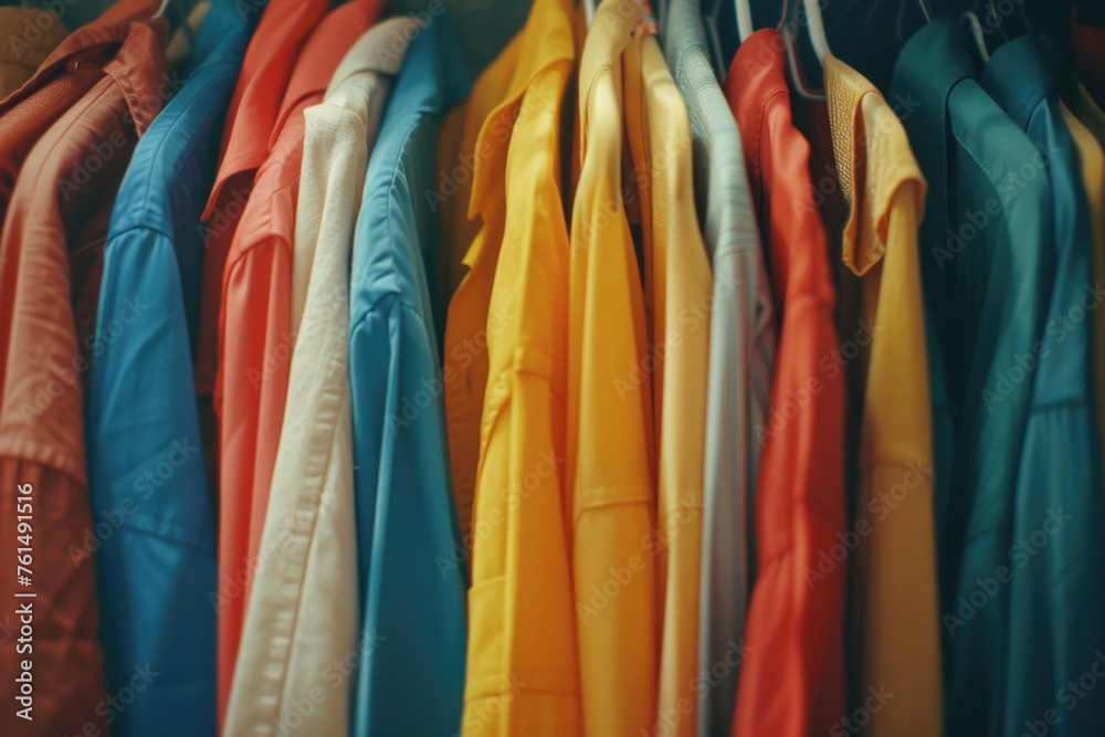 Colorful shirts displayed on a wall rack. Suitable for clothing store promotion Colorful shirts displayed on a wall rack. Suitable for clothing store promotion