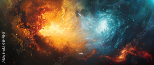 An ethereal scene depicting a cosmic battle between fiery and aquatic elements, symbolizing opposites in the universe
