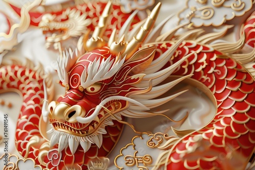 Detailed close up of a red and gold dragon statue, suitable for cultural themes © Fotograf