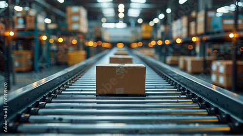 A solitary cardboard box travels along a conveyor belt, surrounded by the metal infrastructure within a modern warehouse full of shelves stocked with various goods. The focus on the package infers a s