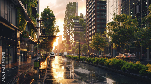 Eco-Friendly Urban Dawn: Sunlight Piercing Through Green-Lined City Streets After Rain
