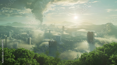 Eco-Urban Awakening: Misty Cityscape Surrounded by Lush Hills at Sunrise