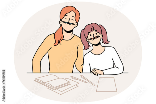Smiling mother and daughter have fun doing homework together at home. Happy mom and girl child feel playful studying for school. Vector illustration.