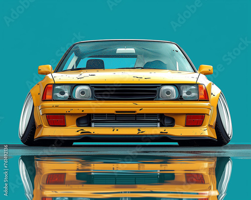 A vintage yellow tuning car, weathered yet charismatic, reflects on a shiny