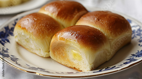 Golden baked milk bread rolls on decorative plate
