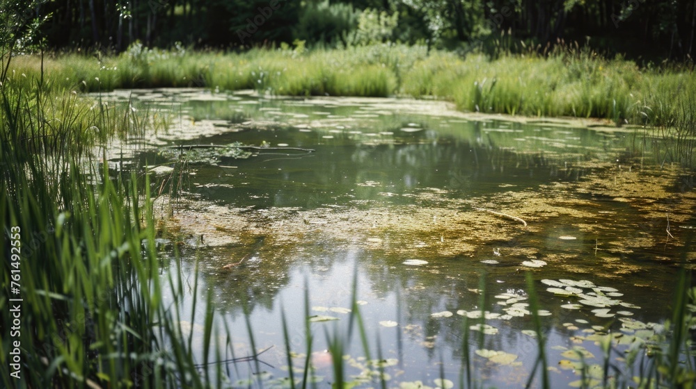 A picturesque pond surrounded by tall grass. Suitable for nature and landscape themes A picturesque pond surrounded by tall grass. Suitable for nature and landscape themes