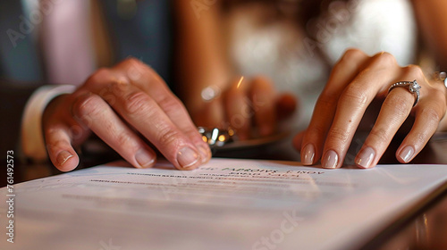 With only their hands visible, a man and a woman sit together at the table, their fingers intertwined over a marriage contract adorned with wedding rings, representing the bond of