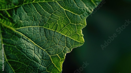 Close up of a green leaf on a dark background. Ideal for nature or environmental concepts