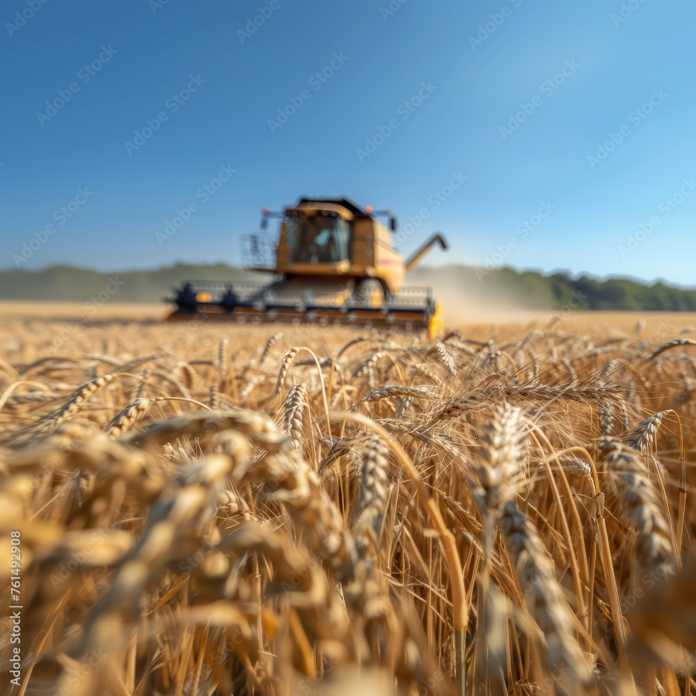 Fototapeta premium Wheat field and blurred combine harvester in a distance. Harvesting concept