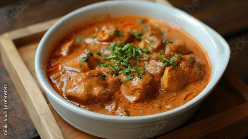 Delectable chicken curry in white bowl