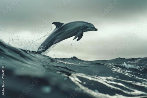 A dolphin leaping out of the ocean, suitable for aquatic themes