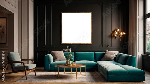 interior in loft, industrial style, 3d, mock up poster frame in modern interior. AI generation