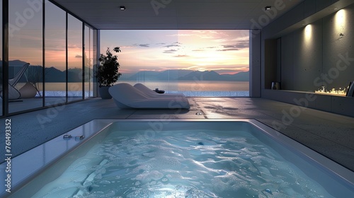 Home mockup. Minimalist interior design of modern pool in living room, home. © Savinus