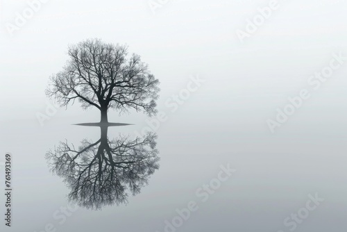 A serene image of a single tree reflecting in calm waters. Suitable for nature-themed designs © Fotograf
