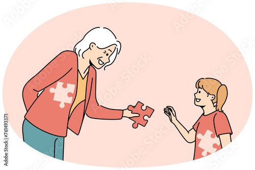 Caring elderly grandmother give jigsaw puzzle to complete little girl child. Loving smiling old woman sacrifice help kid. Vector illustration.