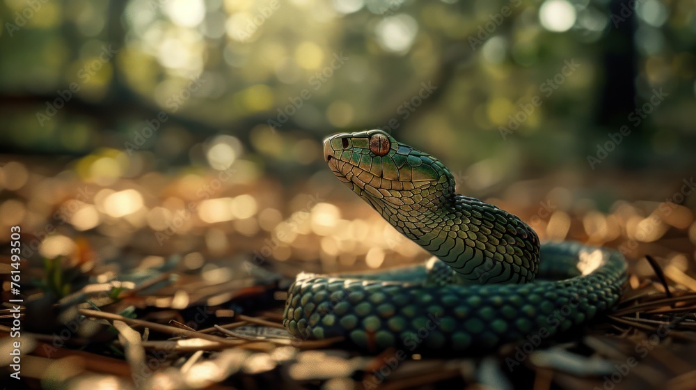 Fototapeta premium green snake warming in the sun on the forest ground .
