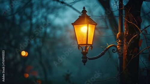 Street lights at night creating a romantic atmosphere, evoking memories and nostalgia, with ample copy space