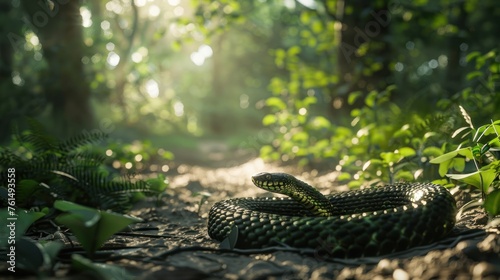 green snake warming in the sun on the forest ground . photo