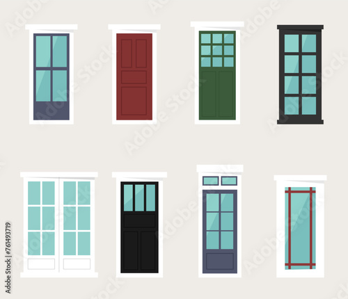 Front door for house set. Various wooden and plastic doors types in flat style. Collection of colorful doors for buildings. Vector illustration