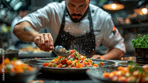 close up photograph of a chef's artistic touch showcased as they plate a gourmet masterpiece, surrounded by the ambiance of a well-lit kitchen adorned
