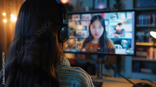 Woman wearing headphones watching a video on a TV. Suitable for technology and entertainment concepts © Fotograf